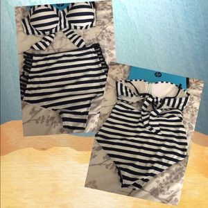 Navy + White Striped High-Waisted Swimsuit